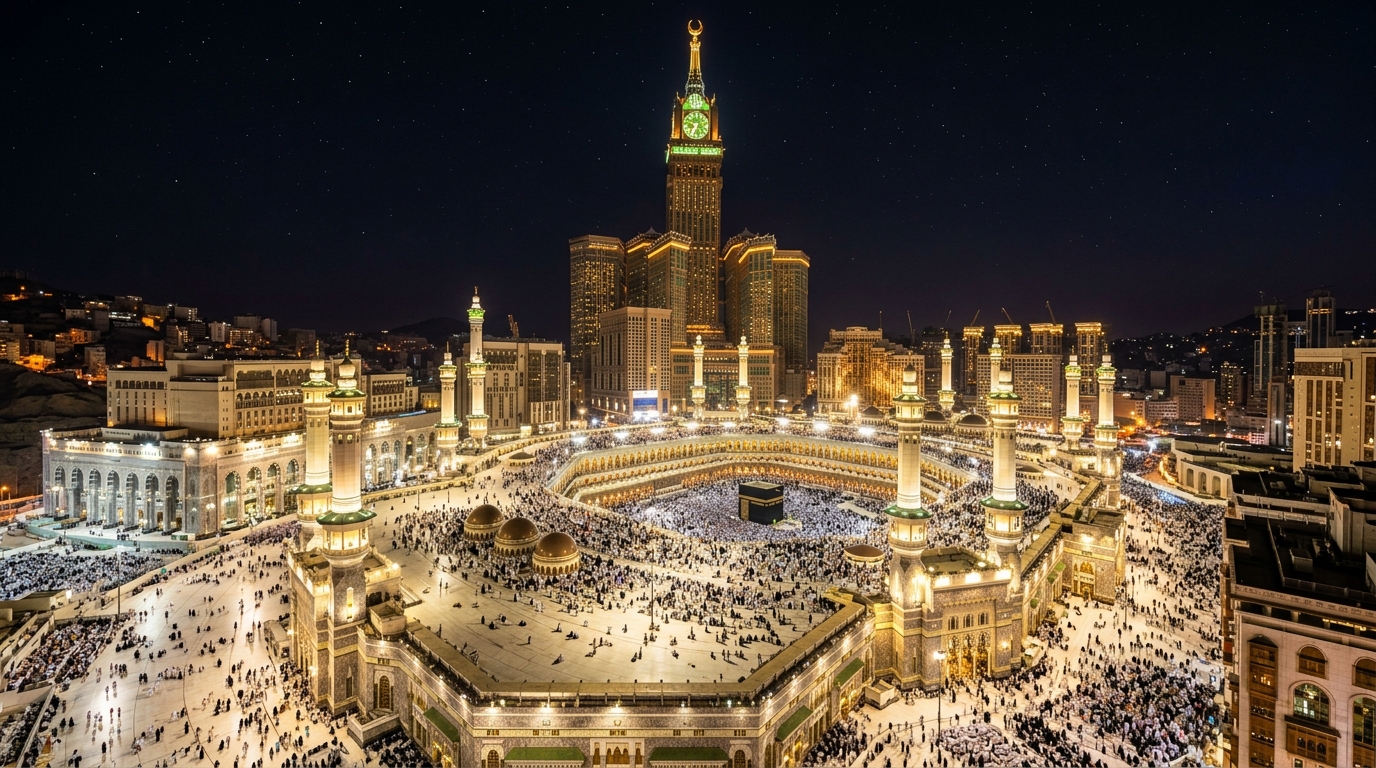 Makkah Saudi Arabia Nighttime Illuminated Panoramic View